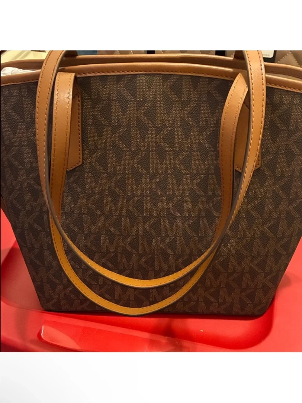 NWTS! Michael Kors Brown/Luggage MK Logo Tote with Tan Trim and Gold Hardware - Picture 3 of 3